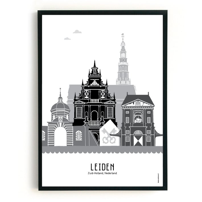 Poster Leiden zwart-wit-grijs - A3