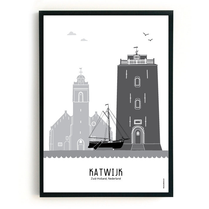 Poster Katwijk aan Zee black-white-grey - A4