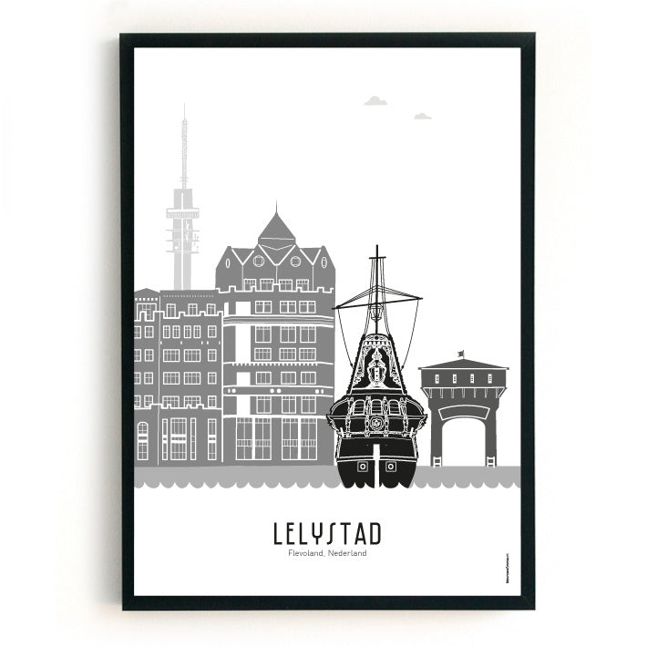 Poster Lelystad zwart-wit-grijs - A3
