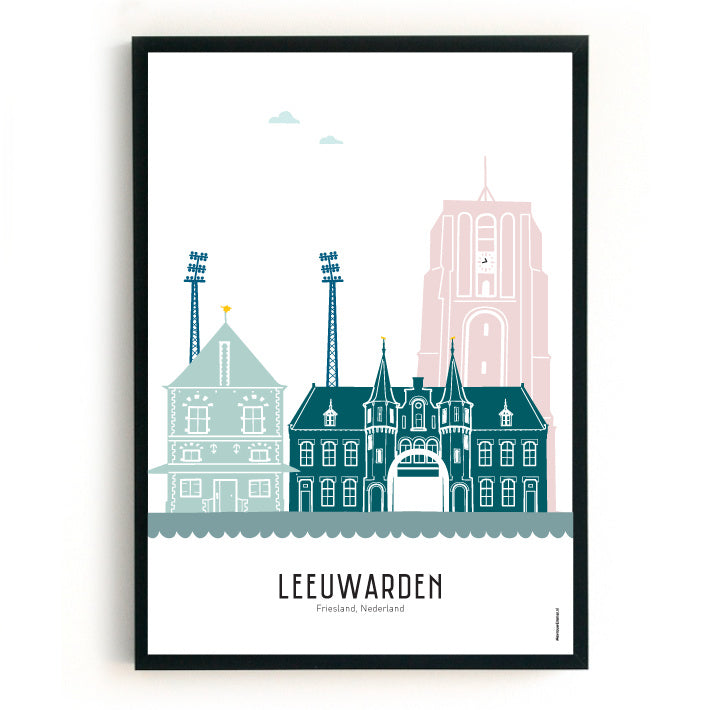 Poster Leeuwarden with Blokhuispoort and Stadium - color - A4 | A3