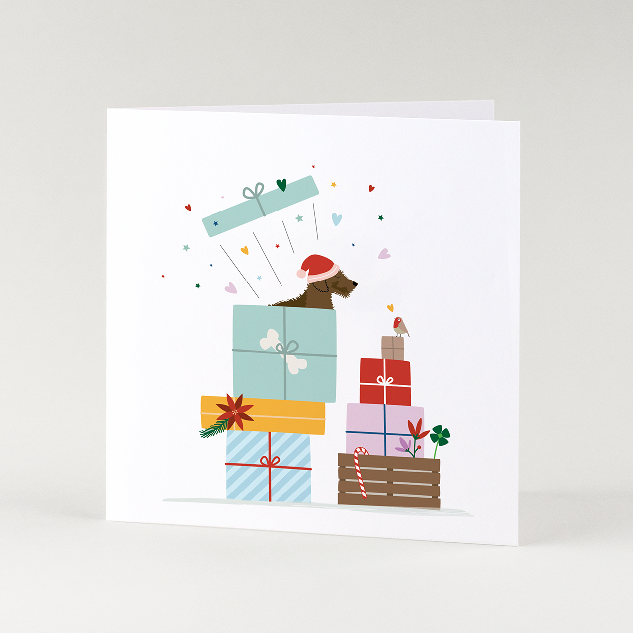 Kerstkaart-teckel-cadeautjes