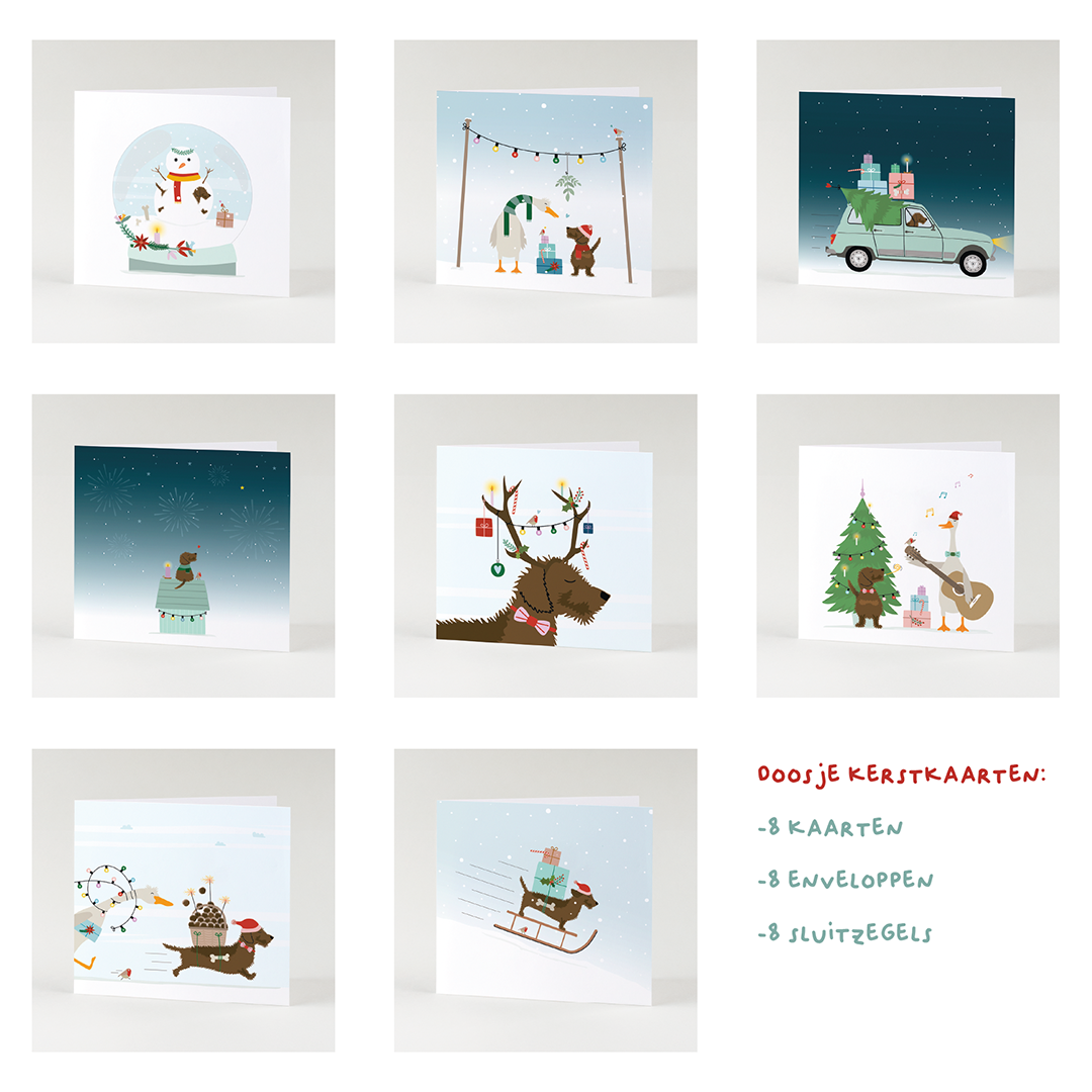 Kerstkaart-teckel-doosje-set