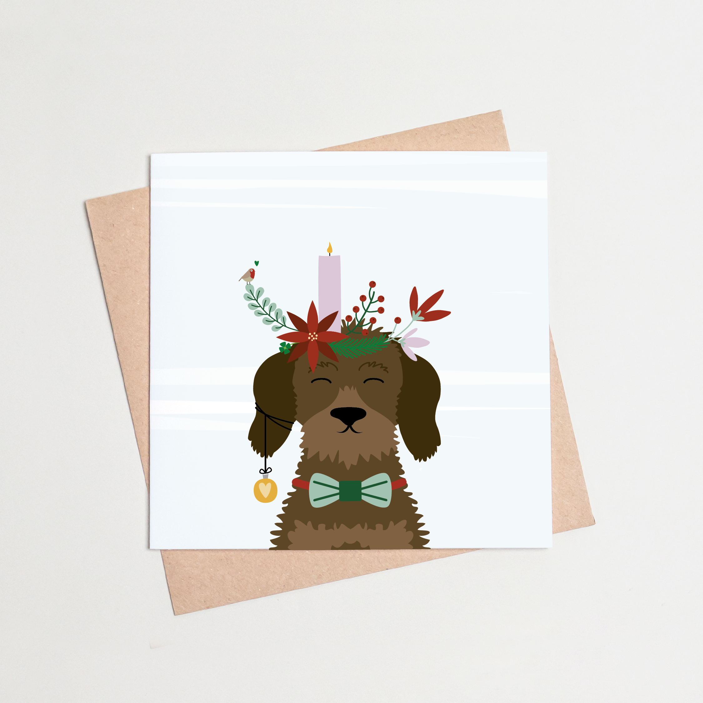 Kerstkaart-teckel-kaars-kerstbal