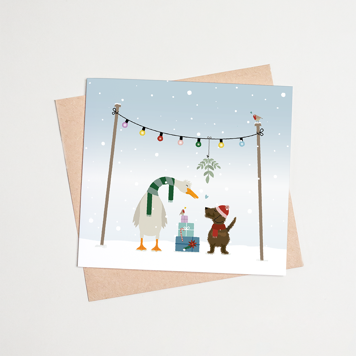 Kerstkaart-teckel-liefde-maretak-sneeuw