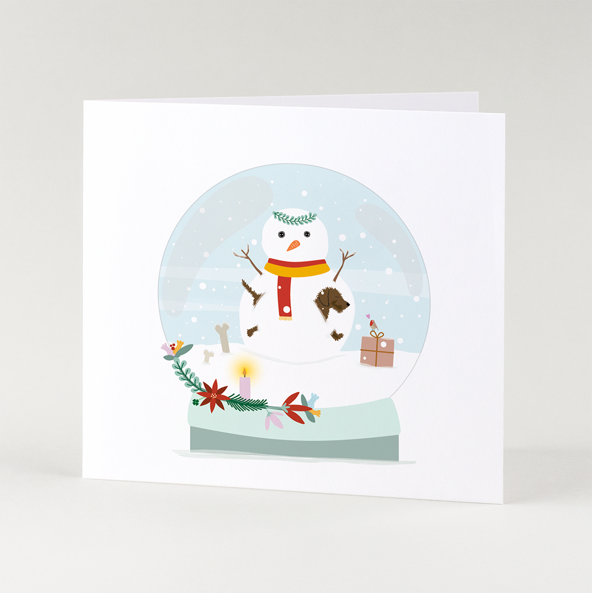 Kerstkaart-teckel-sneeuwpop-sneeuwbol