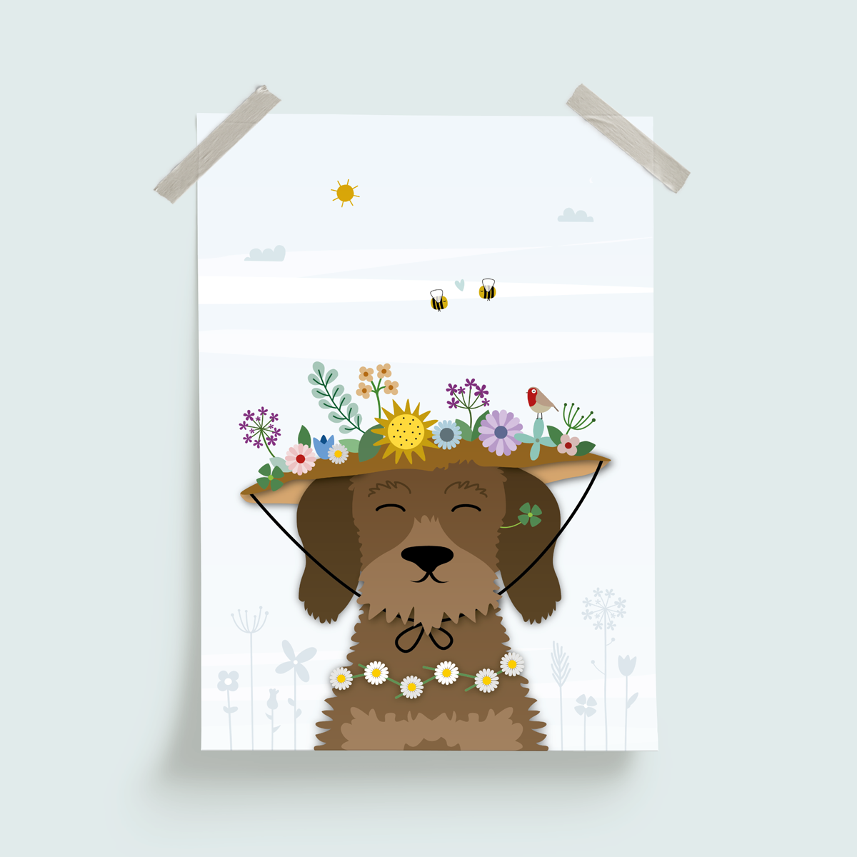 Poster A4 Dachshund - Hat full of flowers