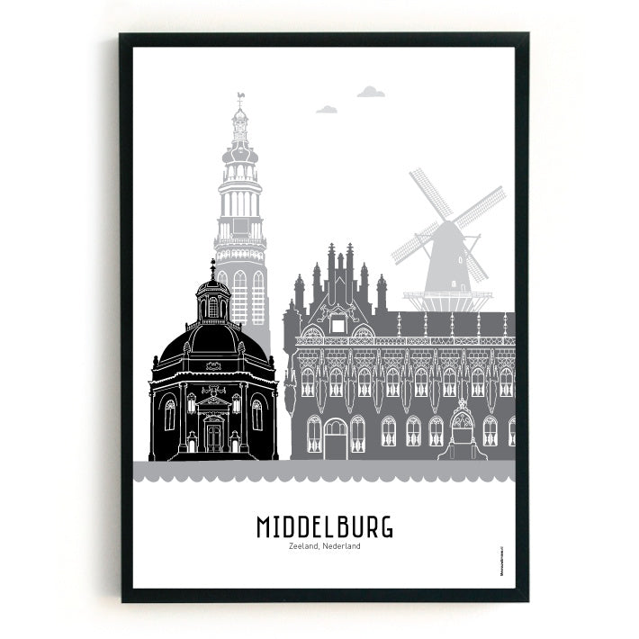 Poster Middelburg zwart-wit-grijs - A4 | A3