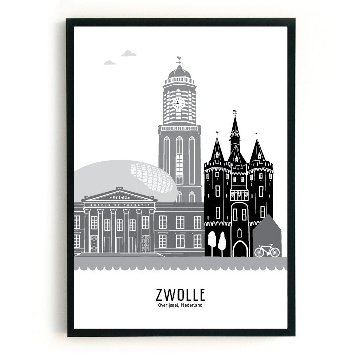 Poster Zwolle black-white-gray - A3