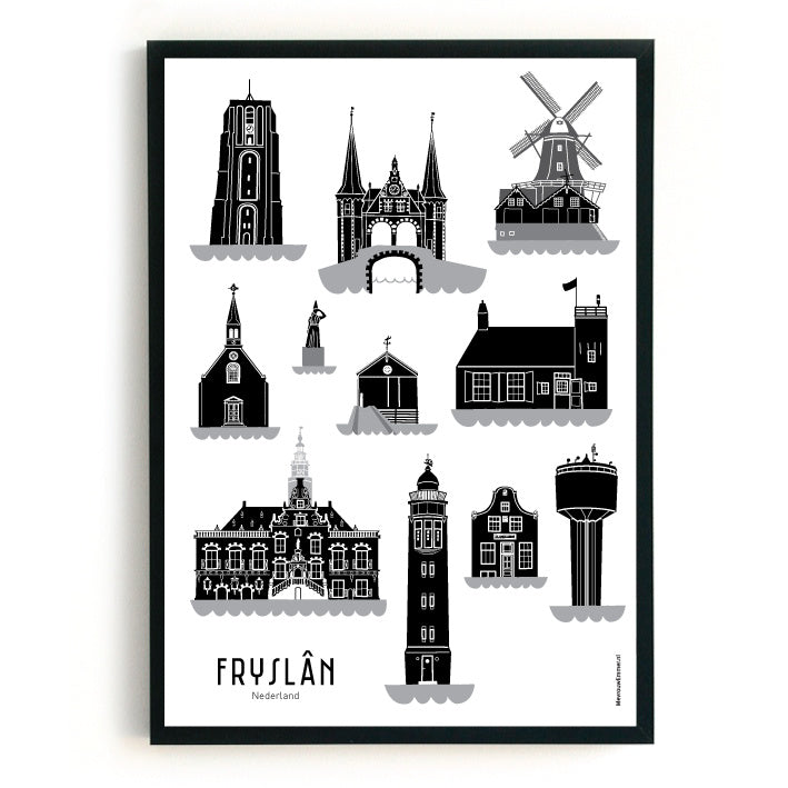 Poster Friesland black-white-gray | 11 cities - A4 | A3