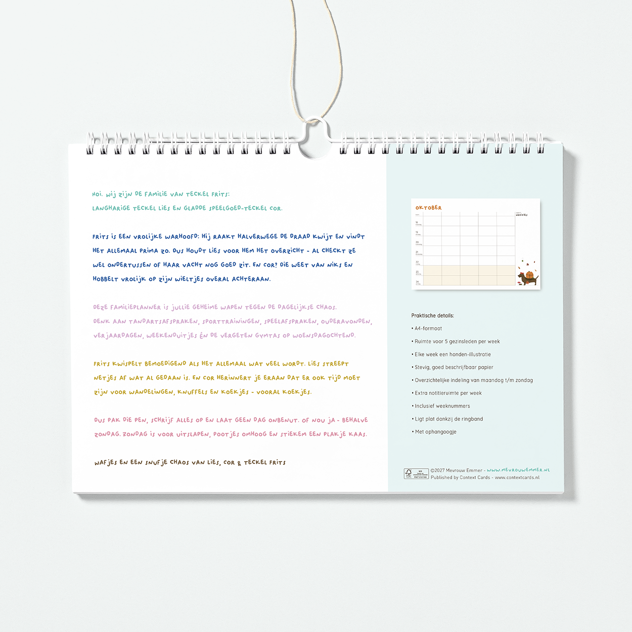 familieplanner 2027 teckel - achterkant met kennismaking Frits, Lies en Cor en praktische details