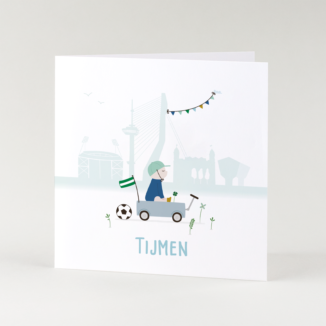 geboortekaartje Rotterdam met voetbal en skyline illustratie