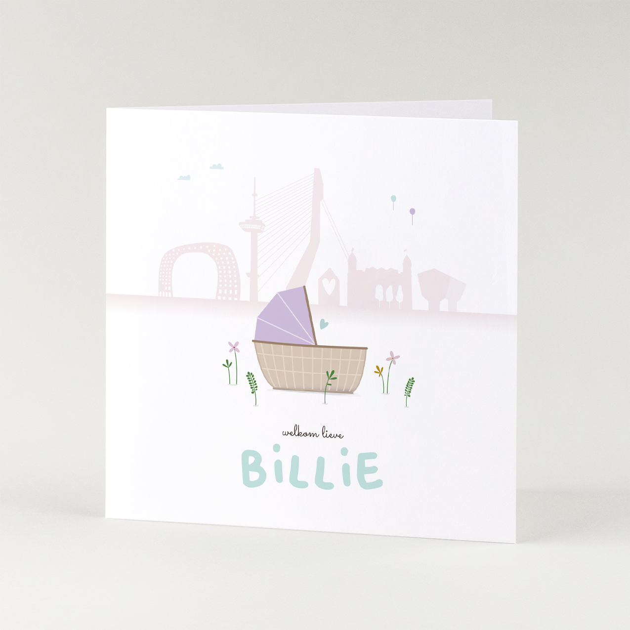 geboortekaartje Rotterdam skyline met wieg en baby illustratie