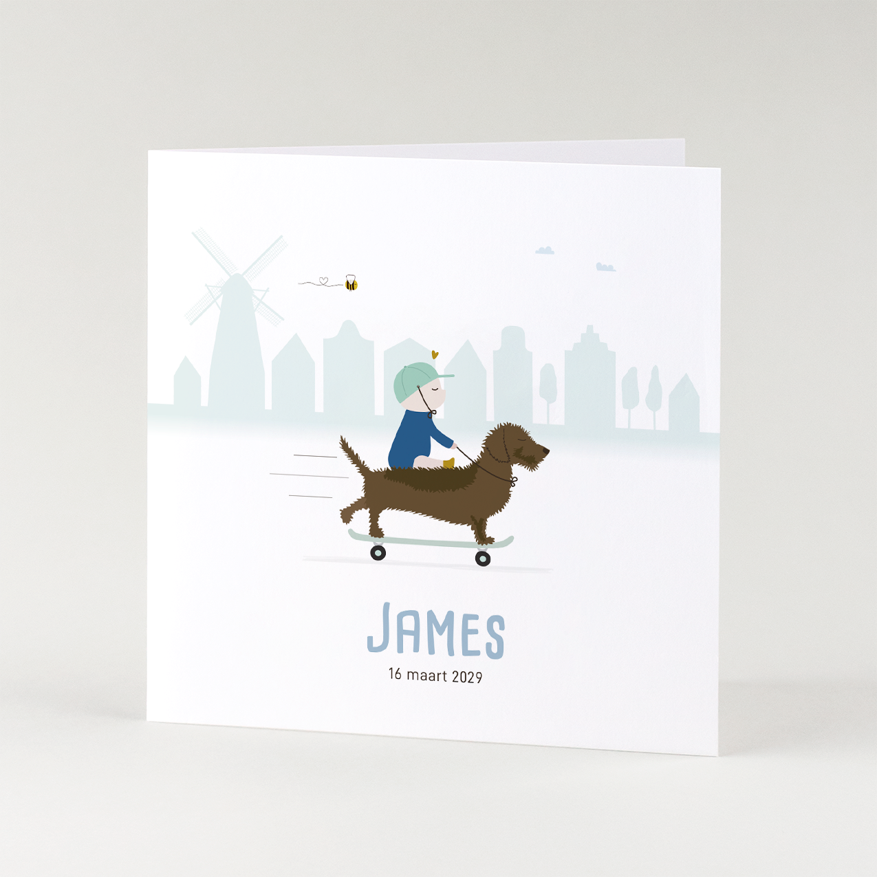 lief geboortekaartje jongen met teckel skateboard illustratie