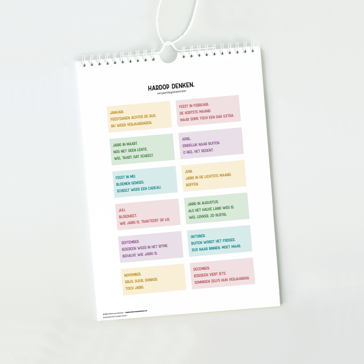 Achterblad van de verjaardagskalender van Hardop denken. met de teksten van alle twaalf maanden