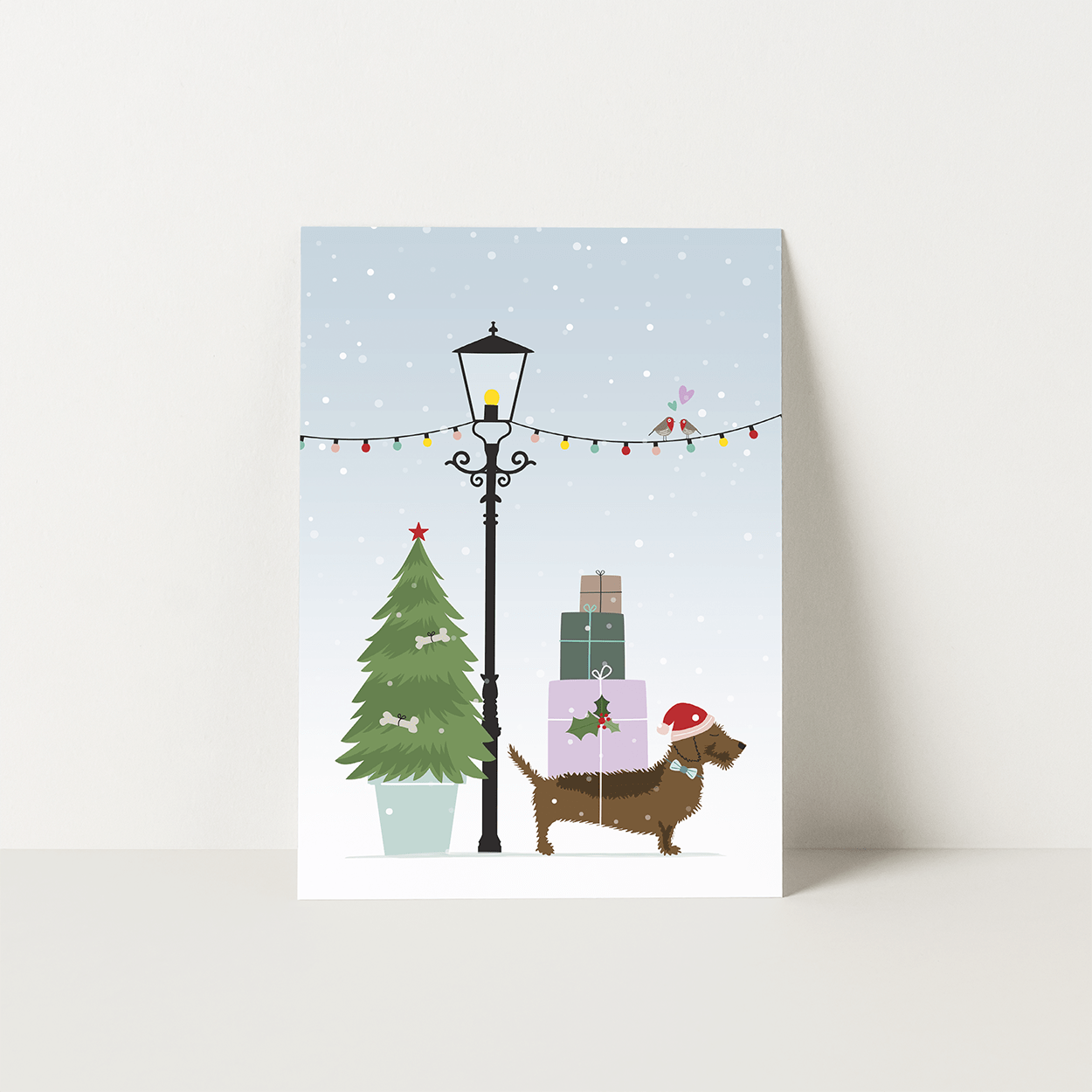 kerstkaart-teckel-cadeautjes-buiten