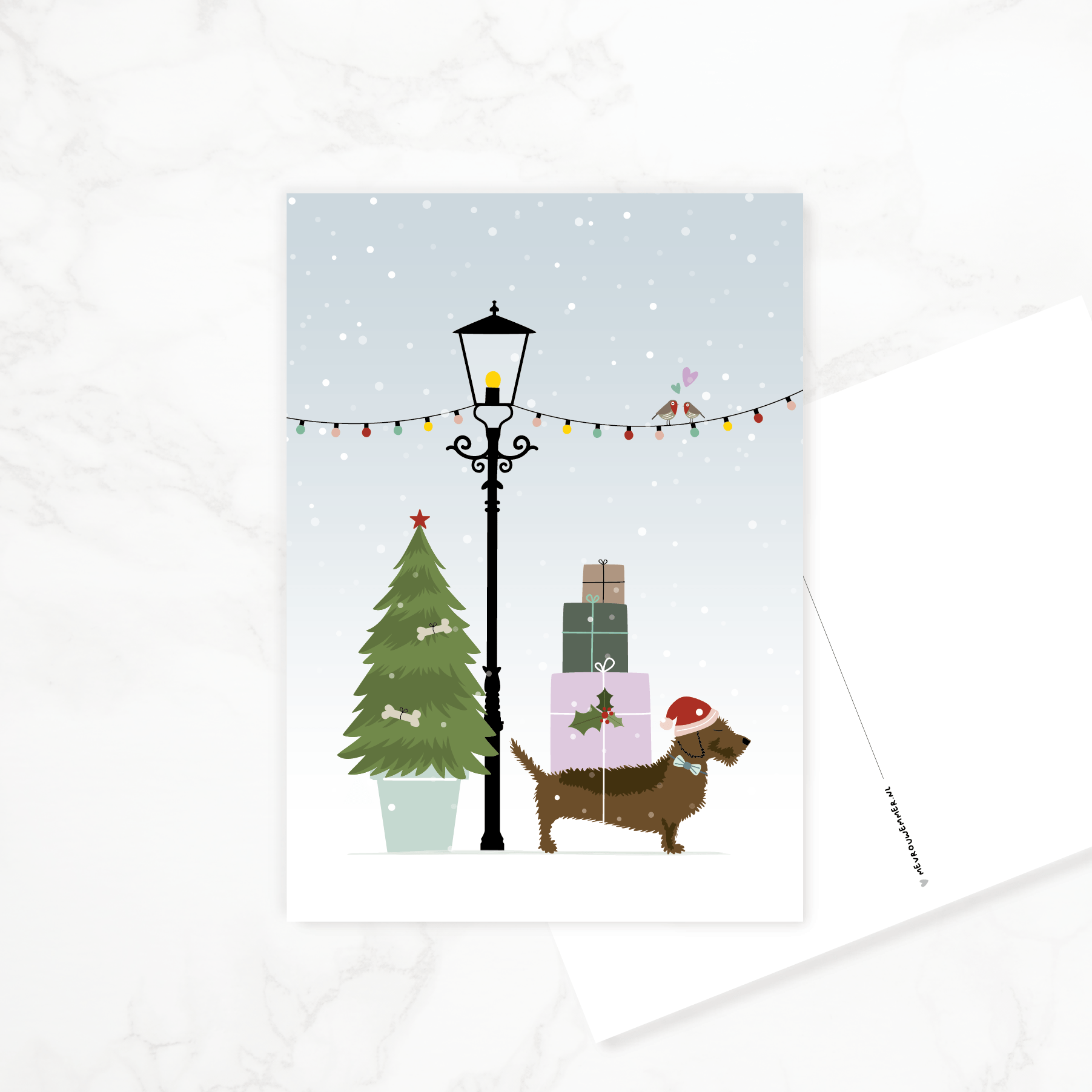 kerstkaart-teckel-cadeautjes-kerstboom