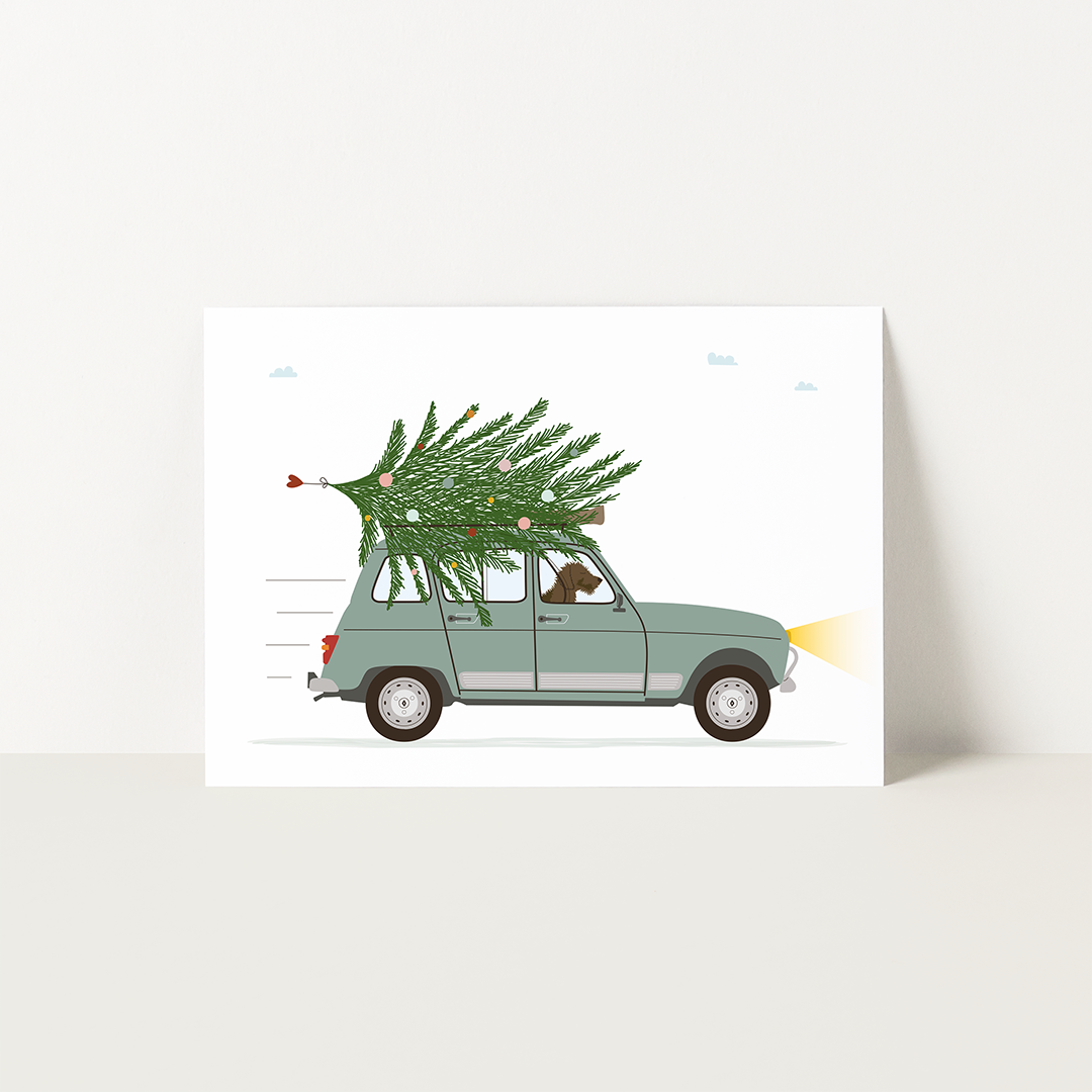 kerstkaart-teckel-kerstboom-auto-renault-r4