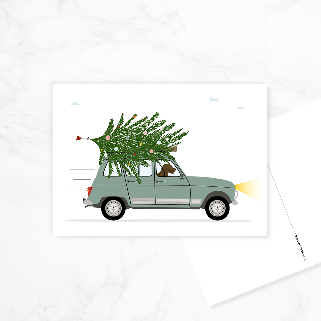 kerstkaart-teckel-kerstboom-auto-renault4