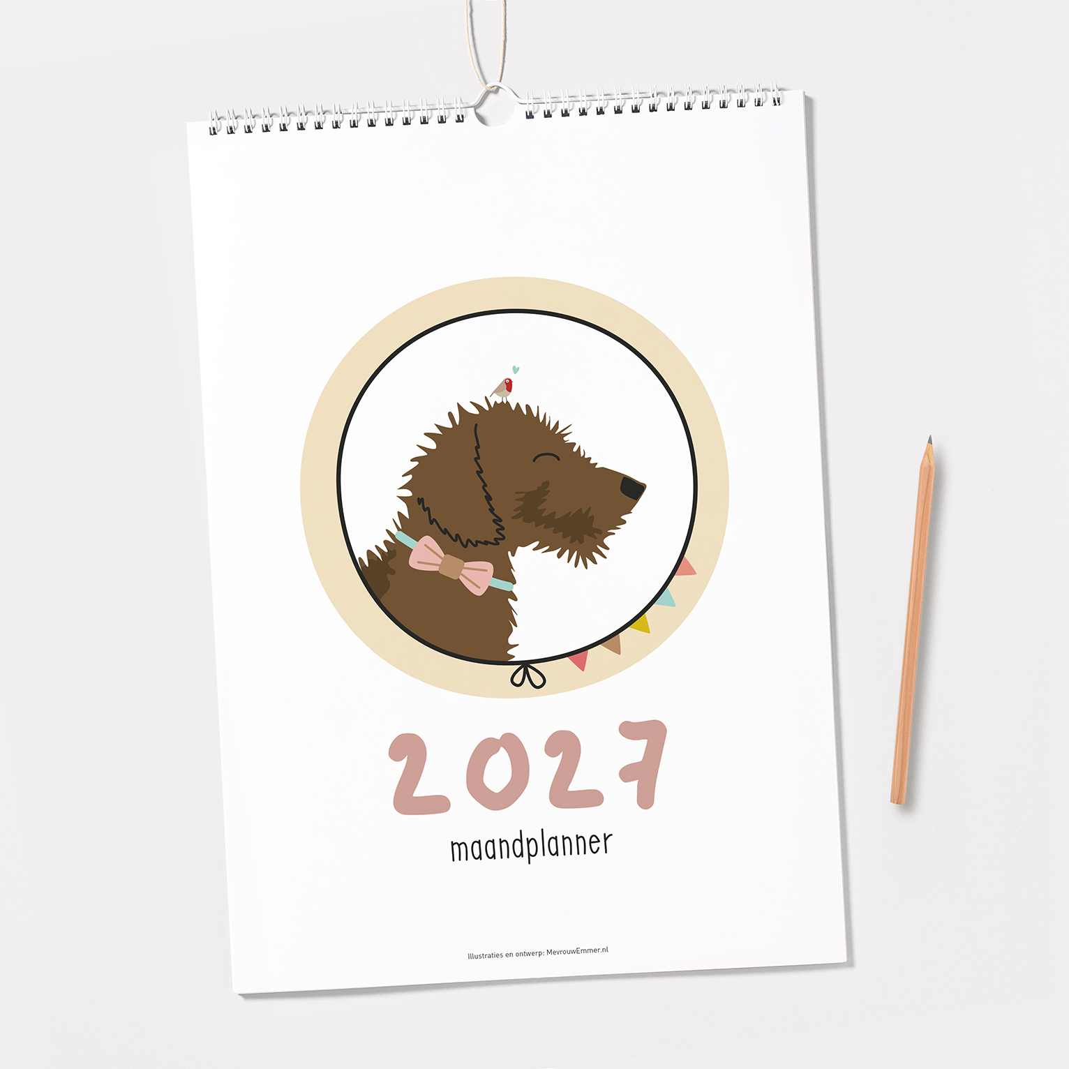 maandplanner 2027 teckel - Frits met strikje in cirkel met vlaggetjes