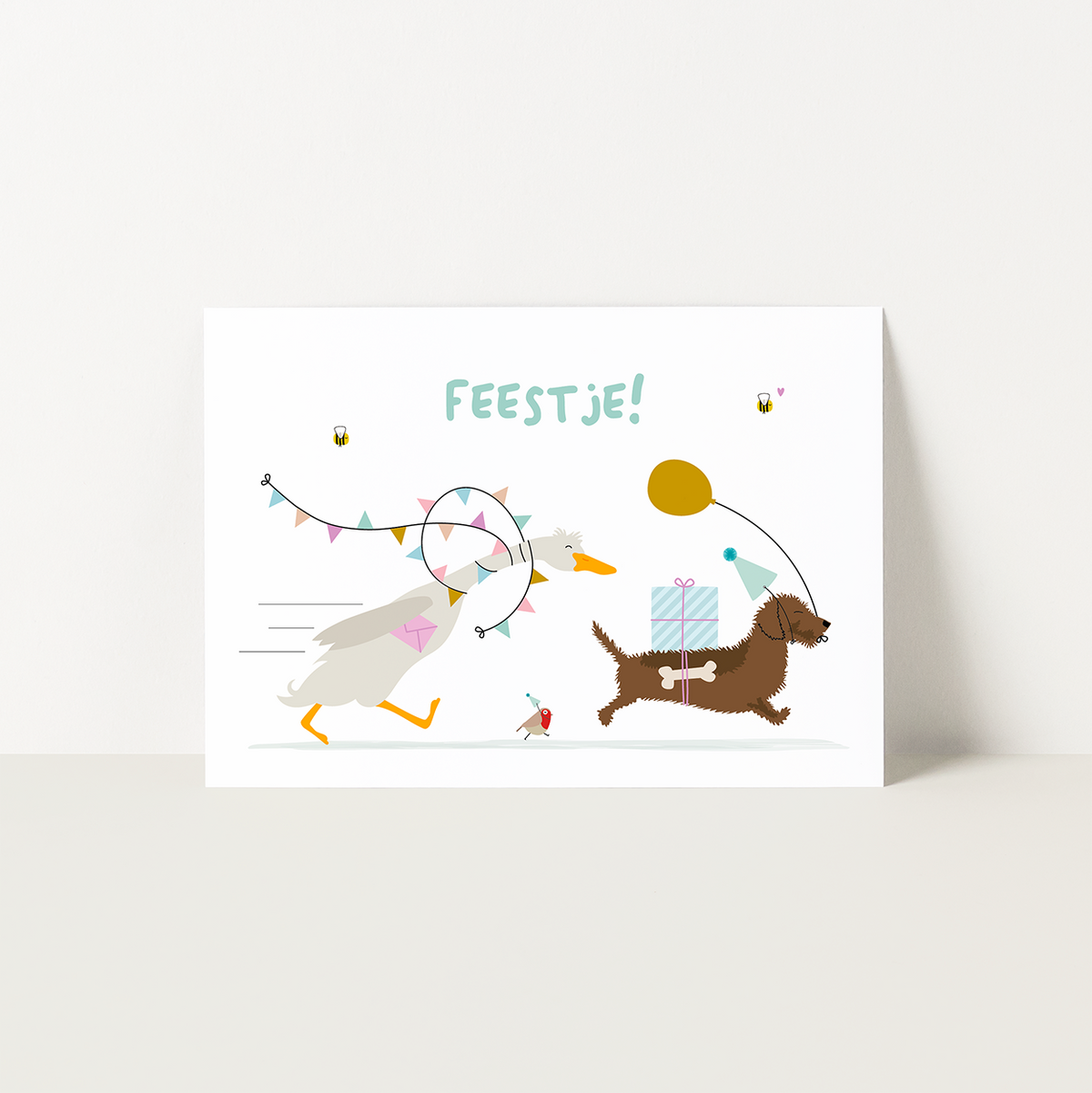Uitnodiging kinderfeestje met teckel - Frits en loopeend Runner op weg naar het feest