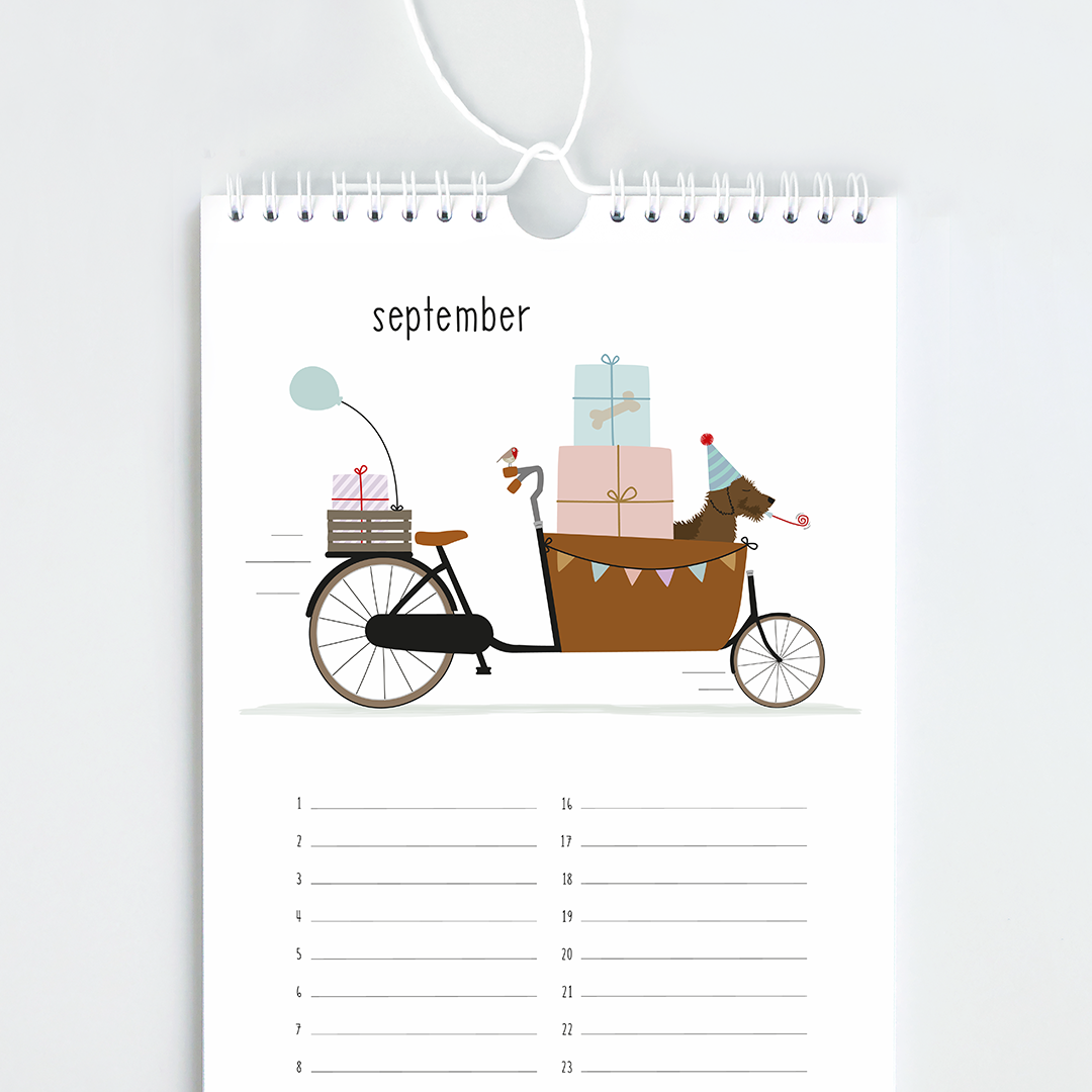 kalender verjaardagen teckel - Frits in bakfiets met cadeaus en feesthoedje - verjaardagskalender