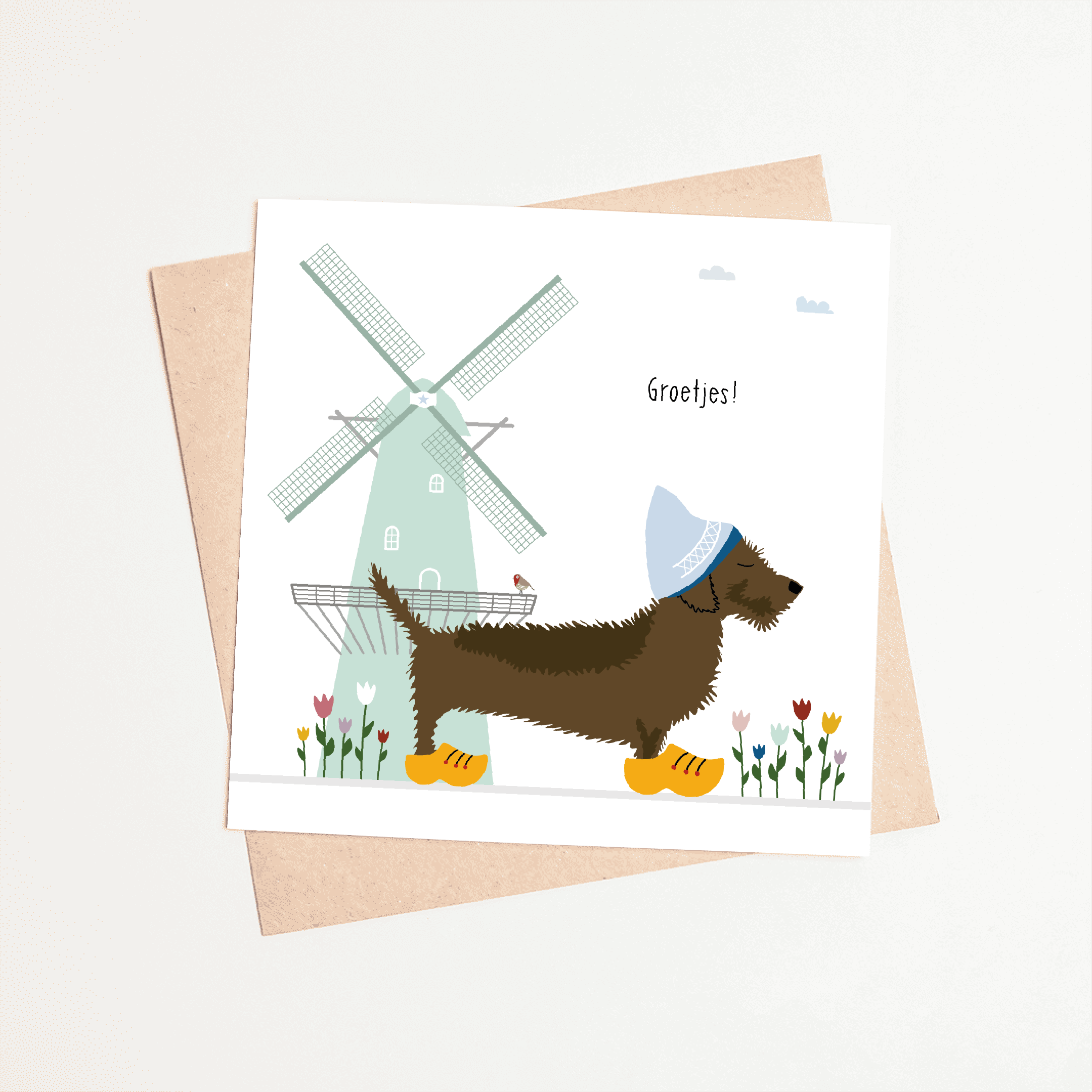 wenskaart-groetjes-teckel-klompen-molen-tulpen-holland