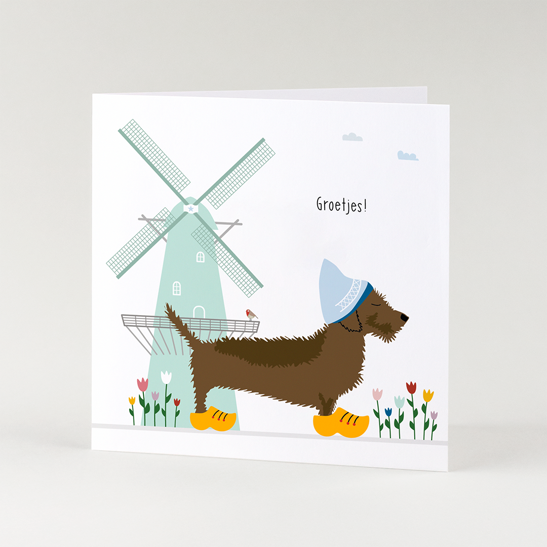 wenskaart-groetjes-teckel-klompen-molen