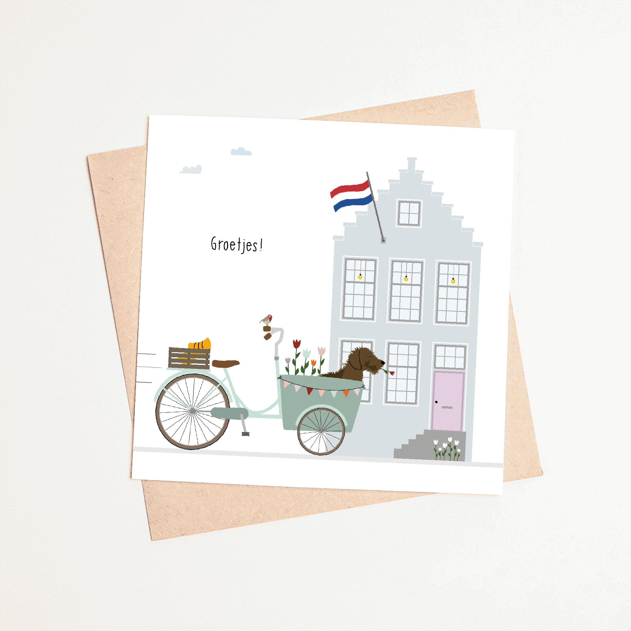 wenskaart-groetjes-teckel-tulpen-fiets-klompen-holland