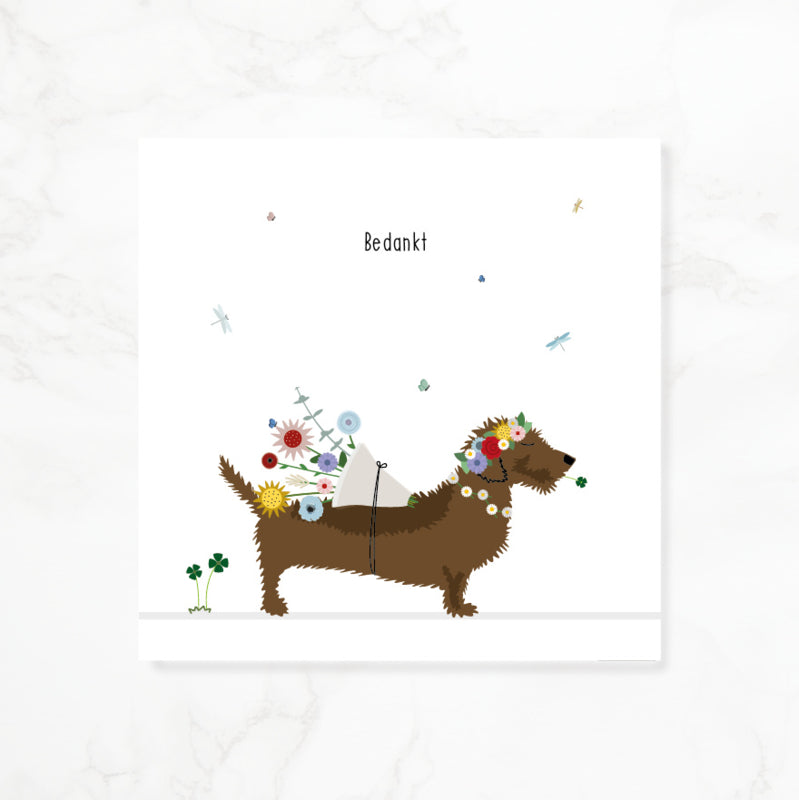 Greeting card dachshund Frits - Say it with flowers...Thank you!