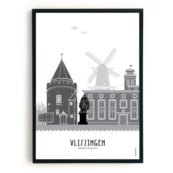 Poster Vlissingen zwart-wit-grijs  - A4