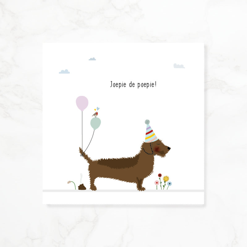 Greeting card dachshund Frits - Yay, the poo!