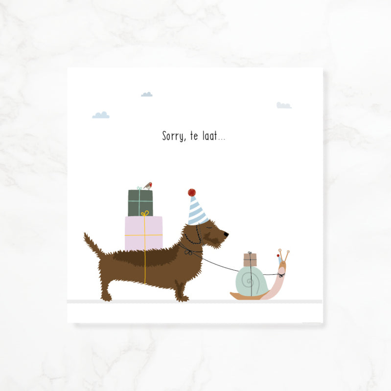 Greeting card dachshund Frits - Sorry, too late...