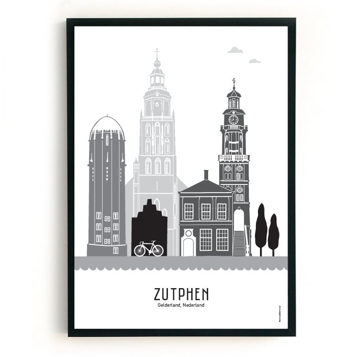 Poster Zutphen zwart-wit-grijs  - 50x70 cm