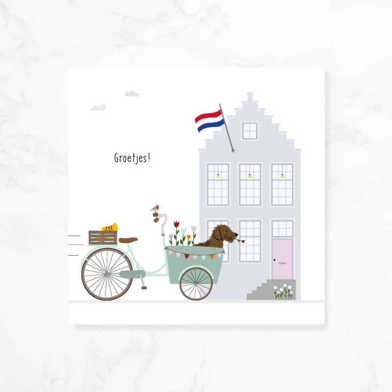 Greeting card dachshund Frits - Greetings! (cargo bike)