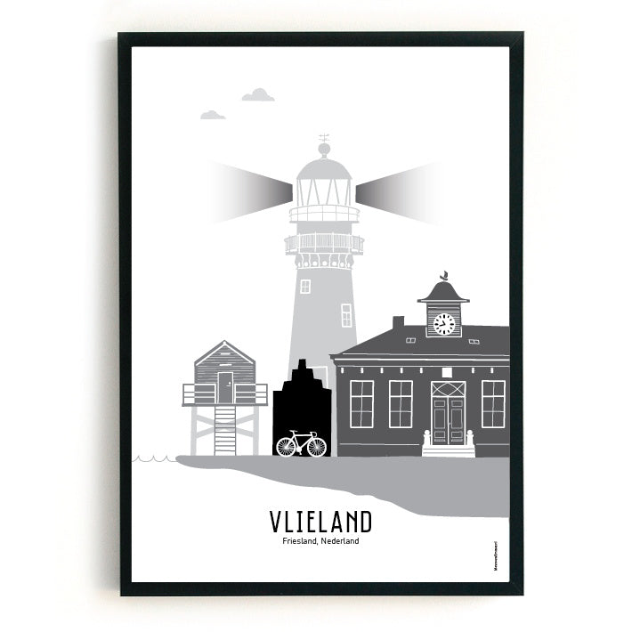 Poster Vlieland zwart-wit-grijs  - A3