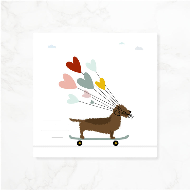 Greeting card dachshund Frits - Skateboard, love