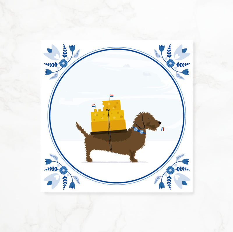 Greeting card dachshund Frits - Delft blue - Party with (cubes of) cheese