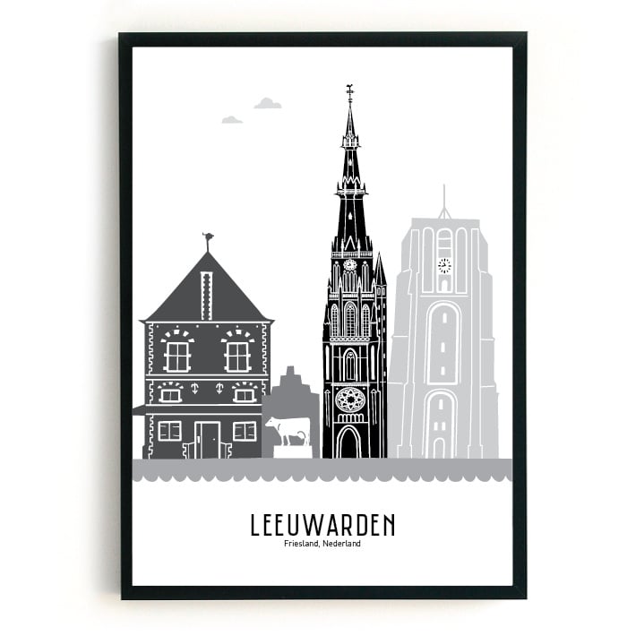 Poster Leeuwarden black-white-gray - A4 | A3