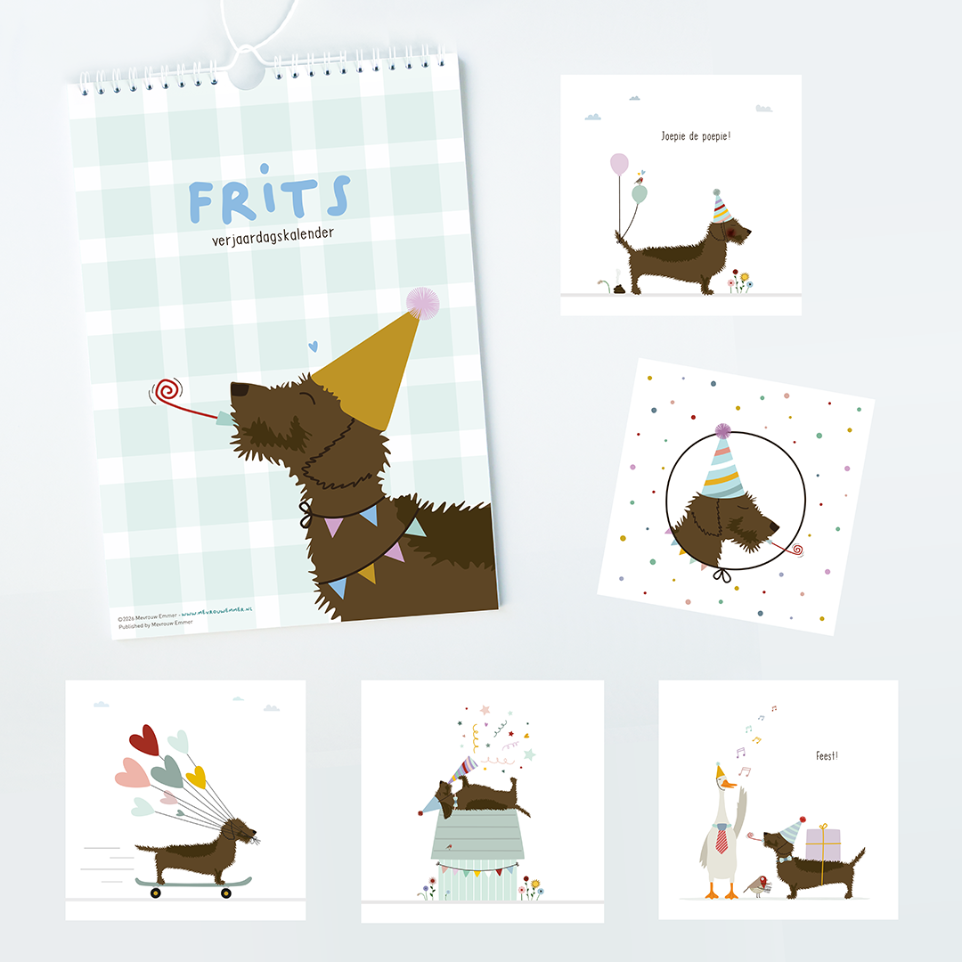 Luxe cadeauset met verjaardagskalender en vijf wenskaarten met feestelijke teckel Frits illustraties.