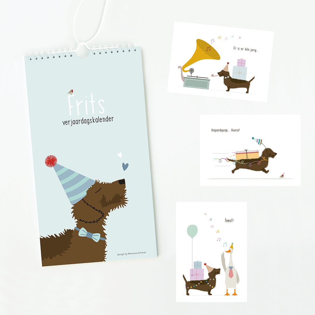 Cadeauset met verjaardagskalender en drie ansichtkaartjes met illustraties van teckel Frits.