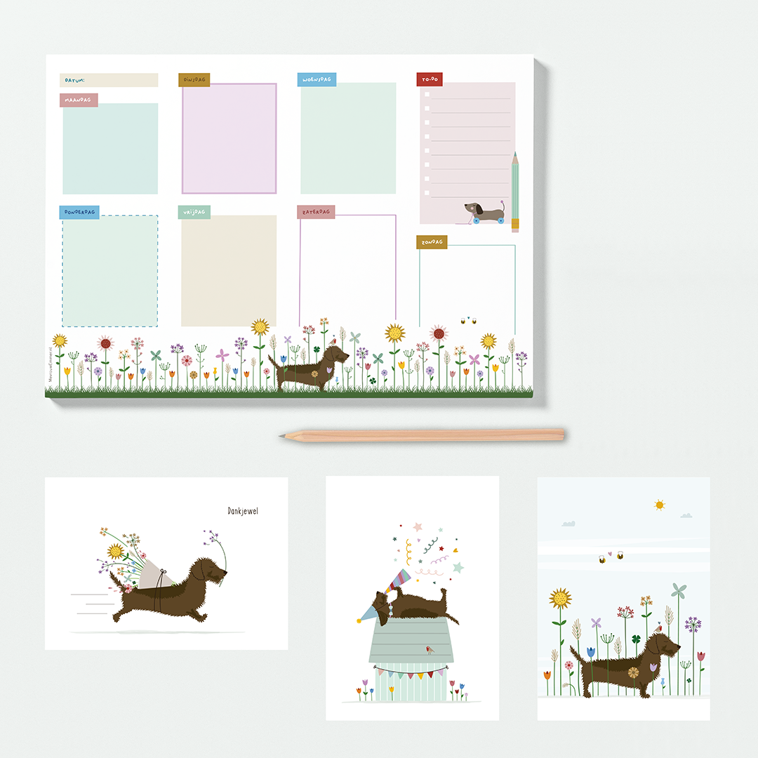 Cadeauset met weekplanner en drie ansichtkaartjes met illustraties van teckel Frits.