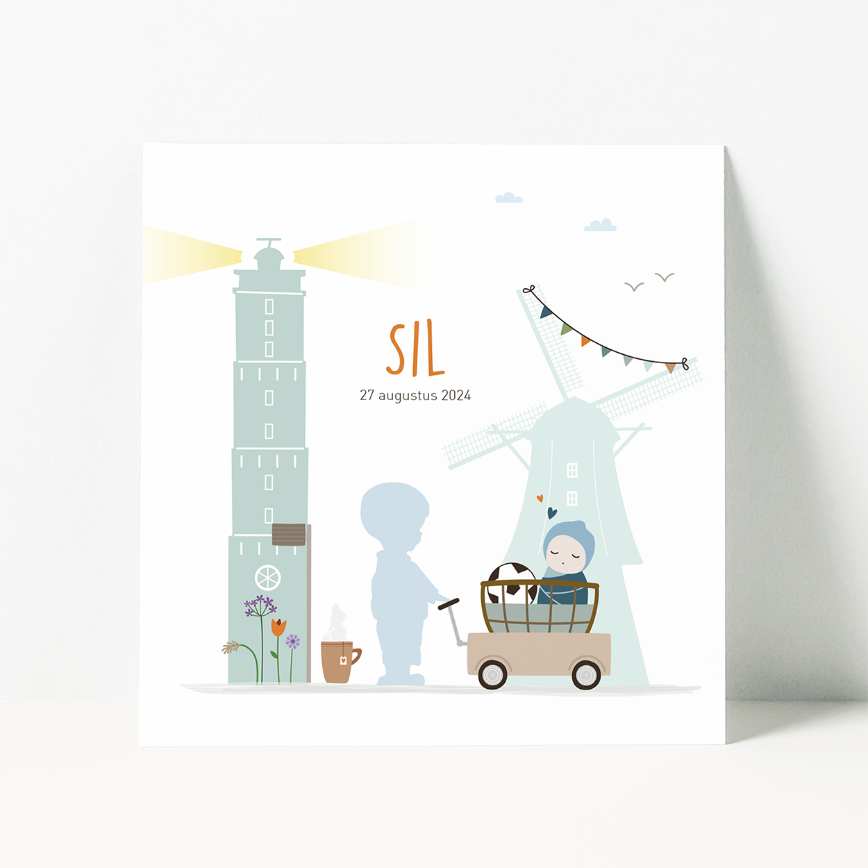 geboortekaartje op maat met vuurtoren en dorp illustratie