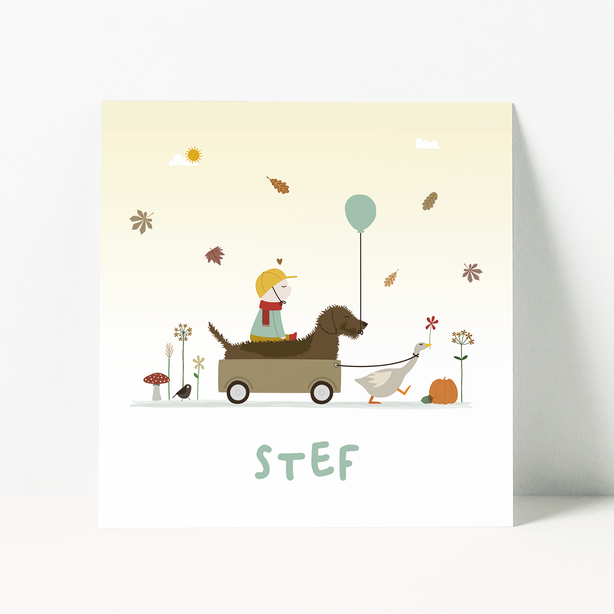 herfst geboortekaartje op maat met hond en gans illustratie