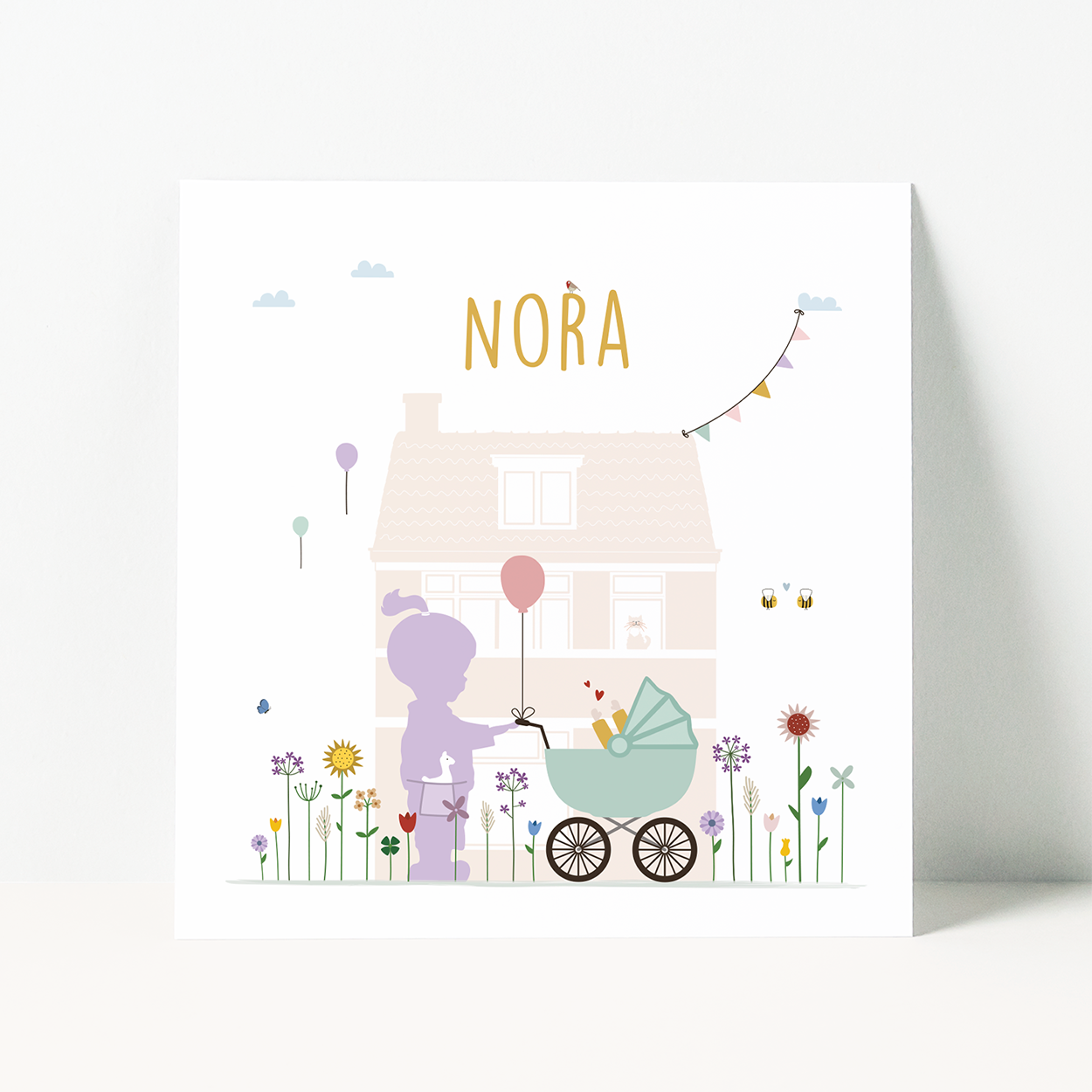 geboortekaartje op maat met huis, wieg en grote zus illustratie