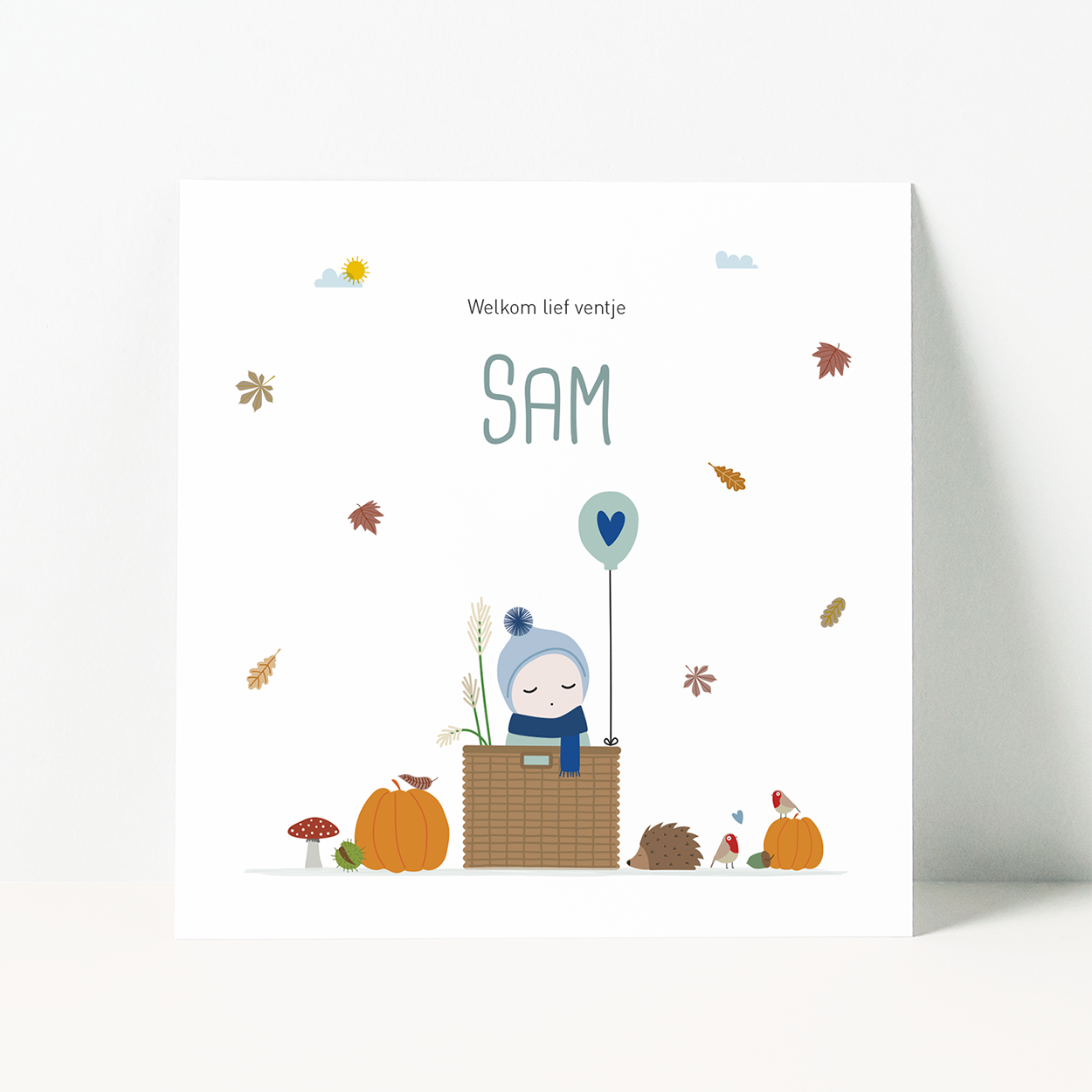 geboortekaartje op maat met herfst bladeren en baby illustratie