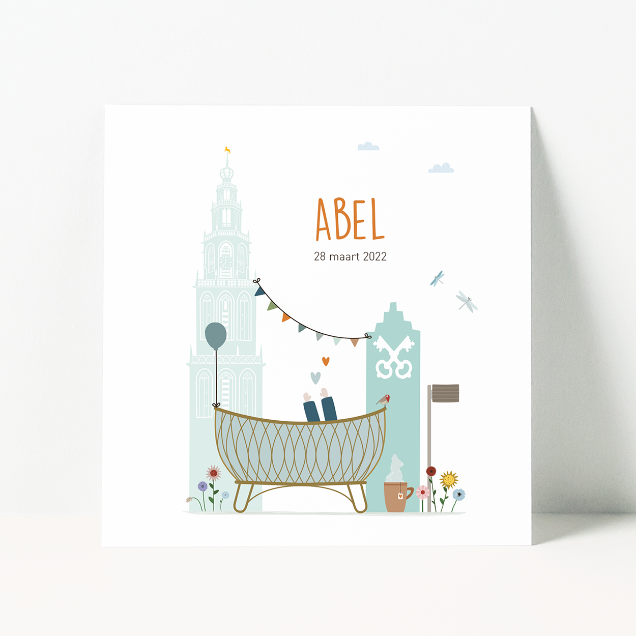 geboortekaartje op maat met stad Leiden en baby in wieg illustratie