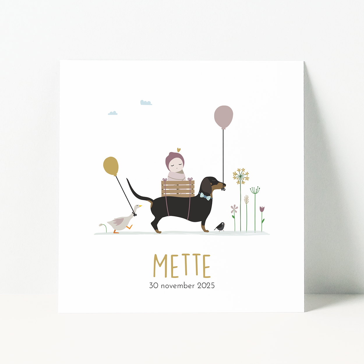 geboortekaartje op maat met gladde teckel en baby illustratie