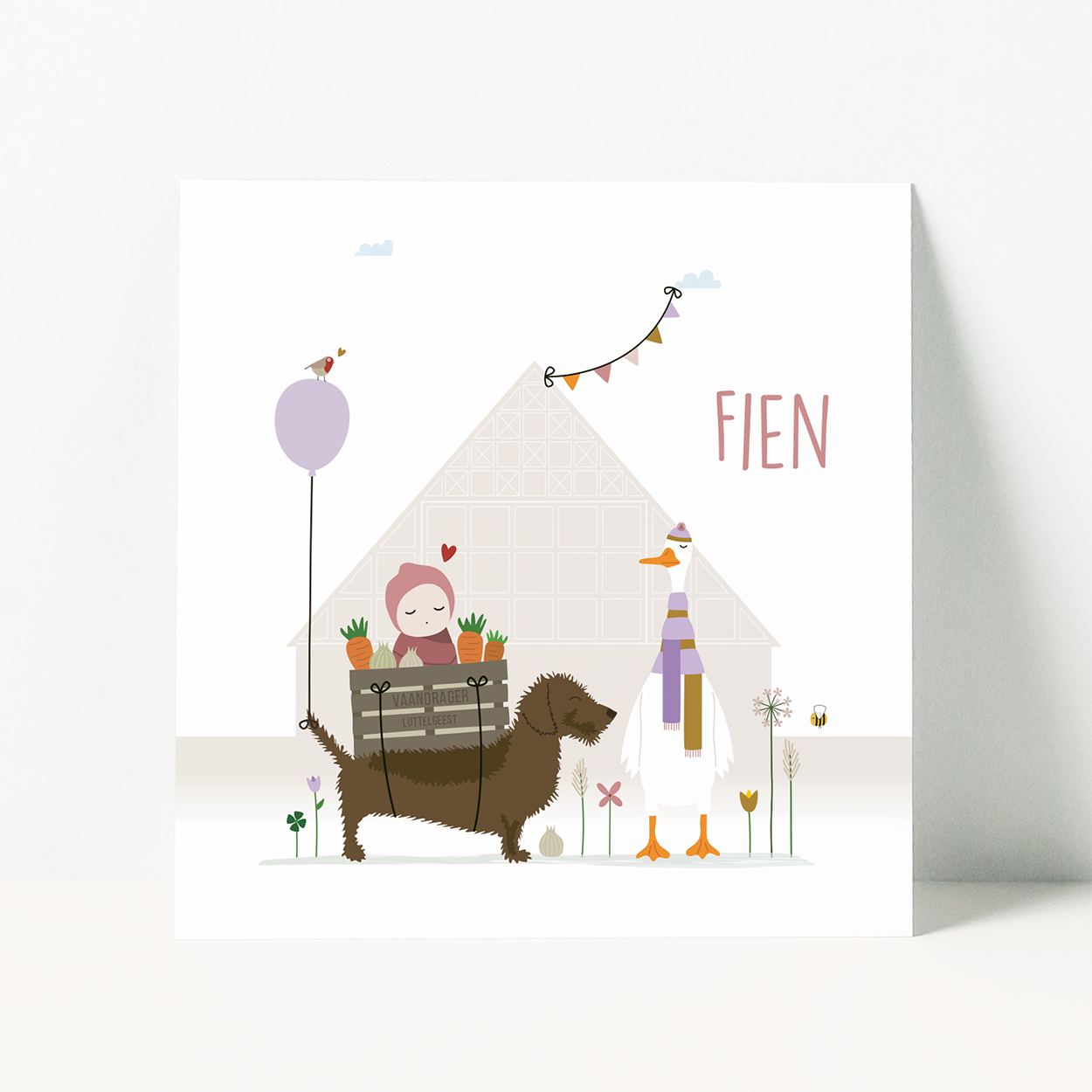 geboortekaartje op maat met hond, boerderij, baby en gans illustratie