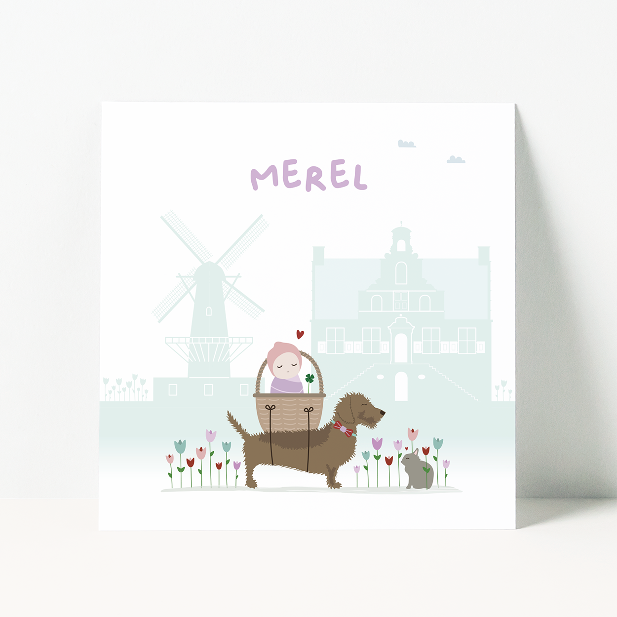 geboortekaartje op maat met dorp en molen illustratie met teckel