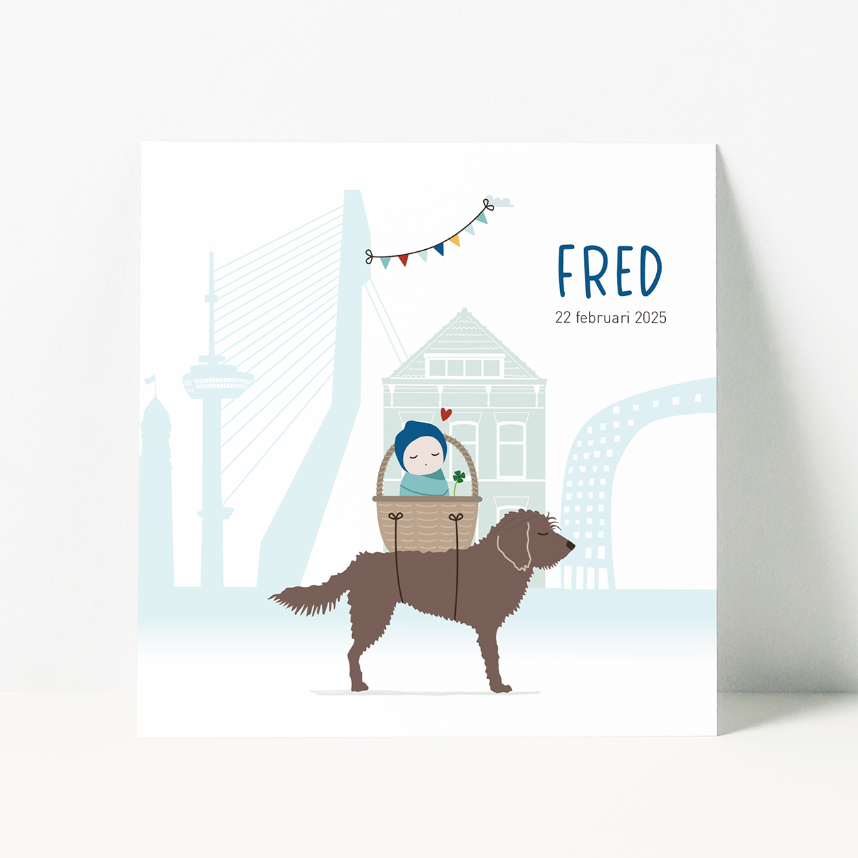 geboortekaartje op maat met Rotterdam skyline en hond illustratie